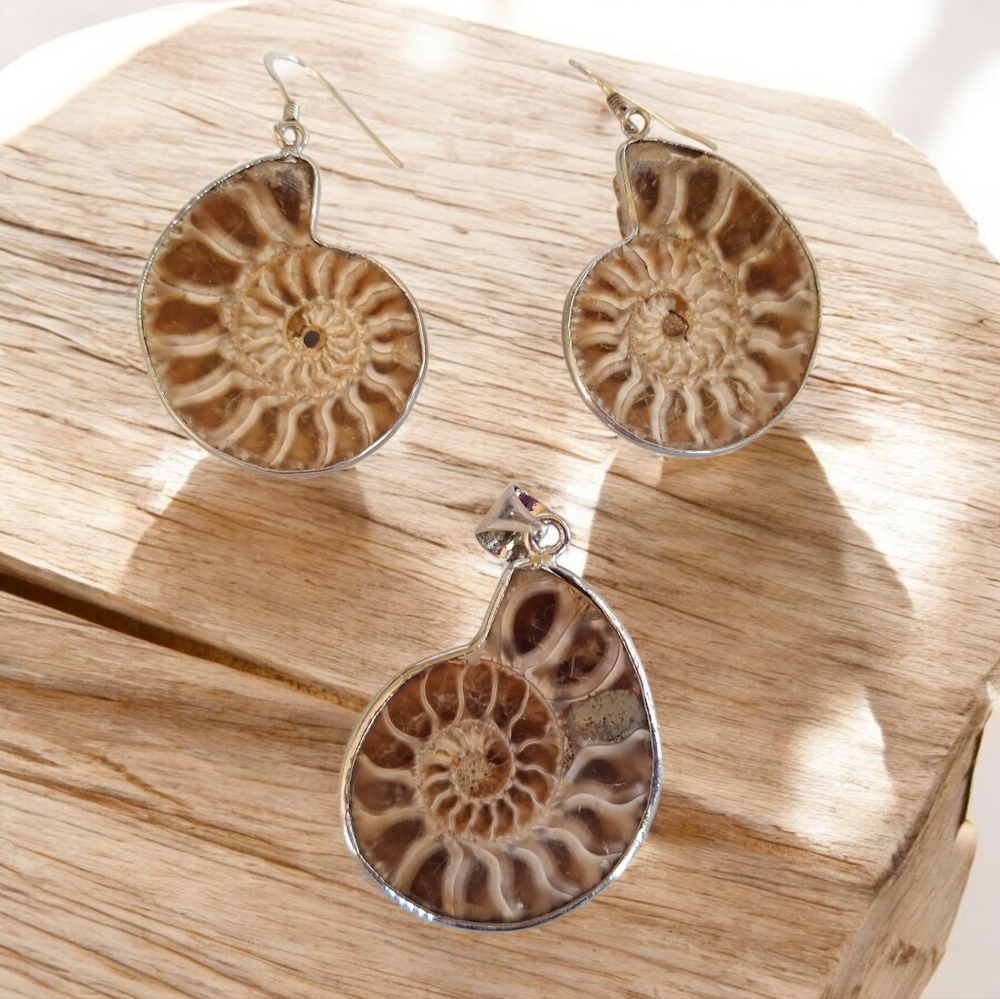 Unique Ammonite Fossil Earrings & Pendant Set 925 Sterling Silver "Stargazer"